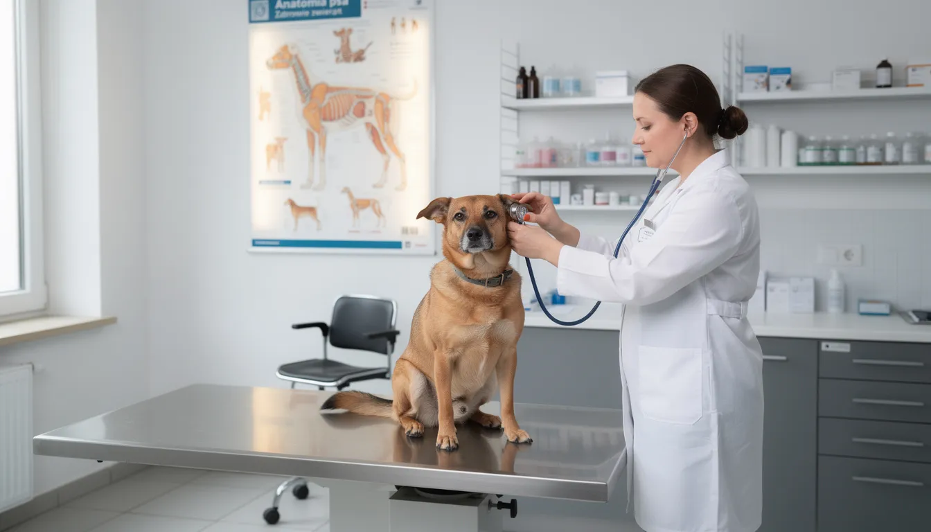 Na zdjęciu widoczny jest pies w klinice weterynaryjnej, który jest badany przez lekarza weterynarii. W tle można dostrzec sprzęt medyczny oraz narzędzia do analizy krwi, co sugeruje, że mogą być sprawdzane objawy babeszjozy, takie jak ciemne zabarwienie moczu czy osłabienie organizmu psa.