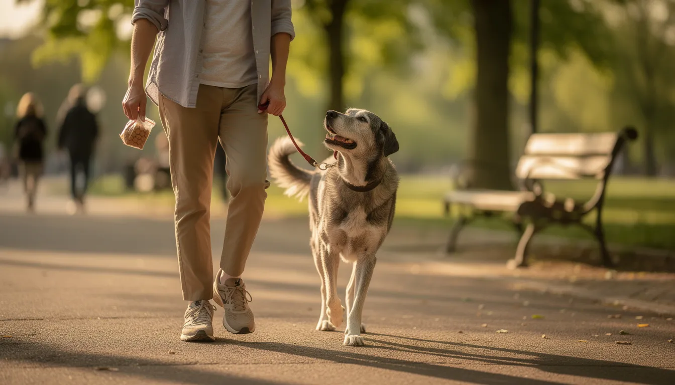 Na zdjęciu widać szczęśliwego, starszego psa spacerującego z właścicielem w parku. Pies ma radosny wyraz twarzy i wygląda na zdrowego, co może być ważne w kontekście monitorowania objawów klinicznych związanych z chorobami śledziony.
