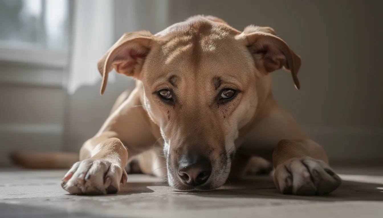 Na podłodze leży pies z opuszczoną głową, wyglądający na osłabionego, co może sugerować problemy zdrowotne, takie jak wymioty u psa czy zapalenie żołądka. Jego stan wymaga obserwacji i ewentualnej interwencji weterynaryjnej.