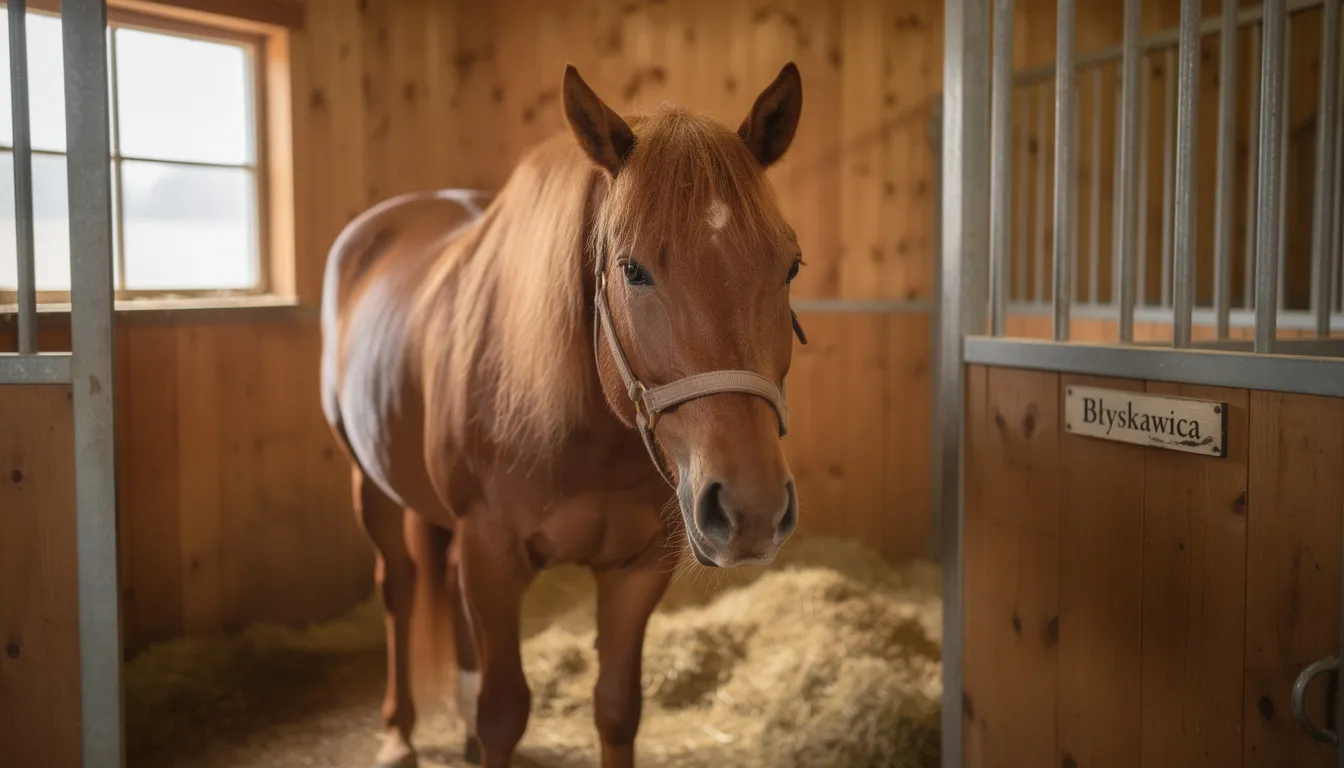 Na zdjęciu widoczny jest koń stojący spokojnie w boksie stajni, z delikatnym oświetleniem, które podkreśla jego sierść. W tle można dostrzec elementy stajni, takie jak drewniane ściany i słoma, co tworzy ciepłą atmosferę dla zwierzęcia.