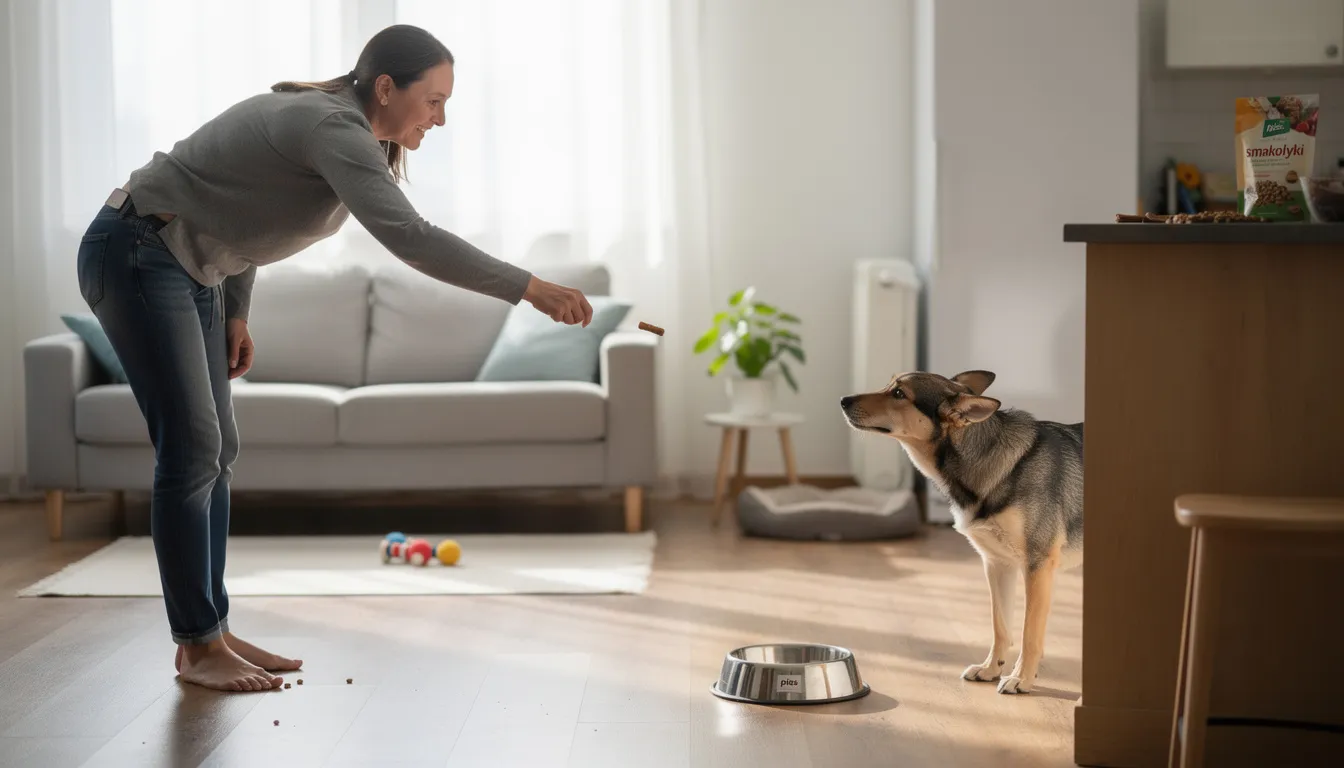 Na obrazku widzimy opiekuna, który wrzuca smakołyk do miski psa z bezpiecznej odległości, co może zapobiegać bronieniu zasobów przez czworonoga. Pies, pilnując jedzenia, może wykazywać różne zachowania, takie jak warczenie, co jest normalnym sygnałem ostrzegawczym w sytuacjach związanych z obroną zasobów.