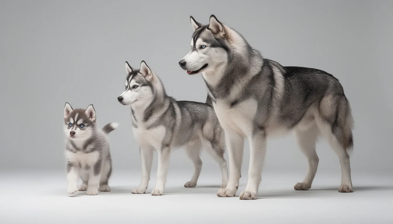 Na zdjęciu stoją obok siebie trzy psy o wyglądzie husky, różniące się wielkością. Wśród nich można dostrzec małego psa rasy pomsky, co podkreśla różnice w rozmiarze i wyglądzie tych czworonogów.