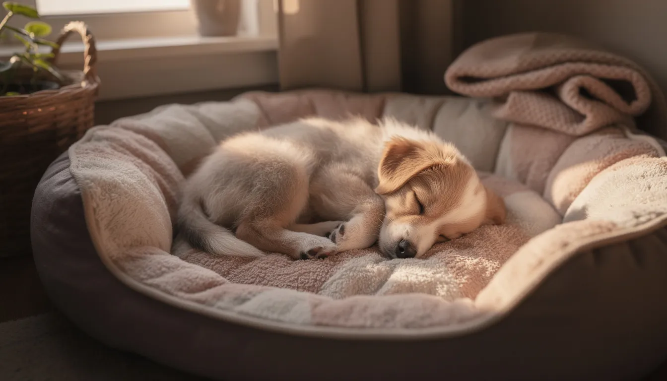 Na miękkim legowisku w przytulnym kącie pokoju śpi mały szczeniak, otoczony ciepłem i spokojem. Jego delikatne oddychanie i miękkie futerko sprawiają, że wygląda na zrelaksowanego i szczęśliwego w swoim nowym domu.