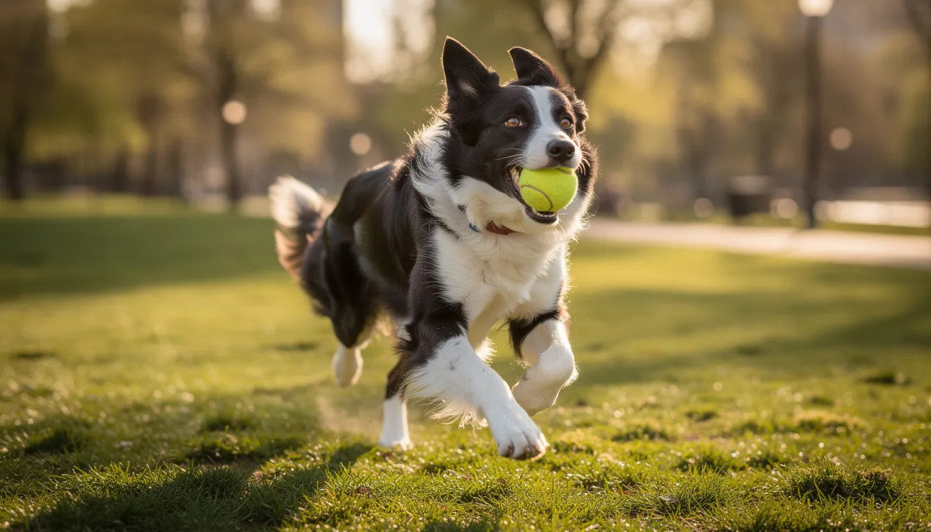Na zdjęciu widać radosnego psa rasy border collie, który biegnie po parku z piłką w pysku. Jego energia i entuzjazm sprawiają, że spacer w jego towarzystwie jest pełen pozytywnych skojarzeń i radości.