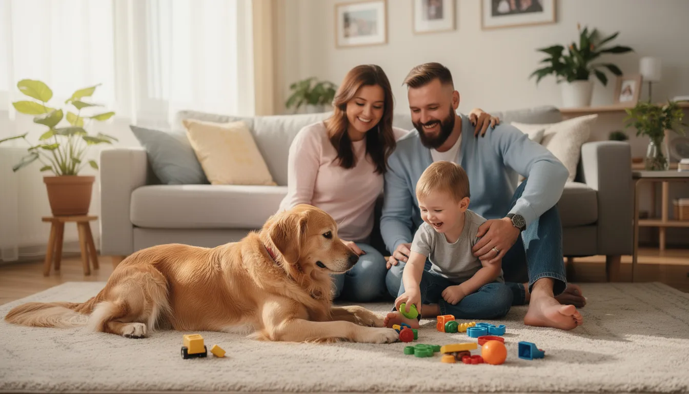 Na dywanie w salonie bawi się szczęśliwa rodzina, składająca się z rodziców, małego dziecka oraz golden retrievera. Dziecko i pies wspólnie cieszą się zabawą, co pokazuje ich radosne interakcje i bliską relację.