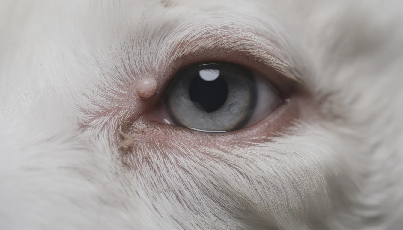 Zbliżenie na oko psa, na którym widoczny jest mały guzek na brzegu górnej powieki, mogący być objawem grudkowego zapalenia trzeciej powieki. Taki stan może powodować dyskomfort i wymagać konsultacji z lekarzem weterynarii w celu oceny zdrowia oczu oraz zaplanowania odpowiedniego leczenia.