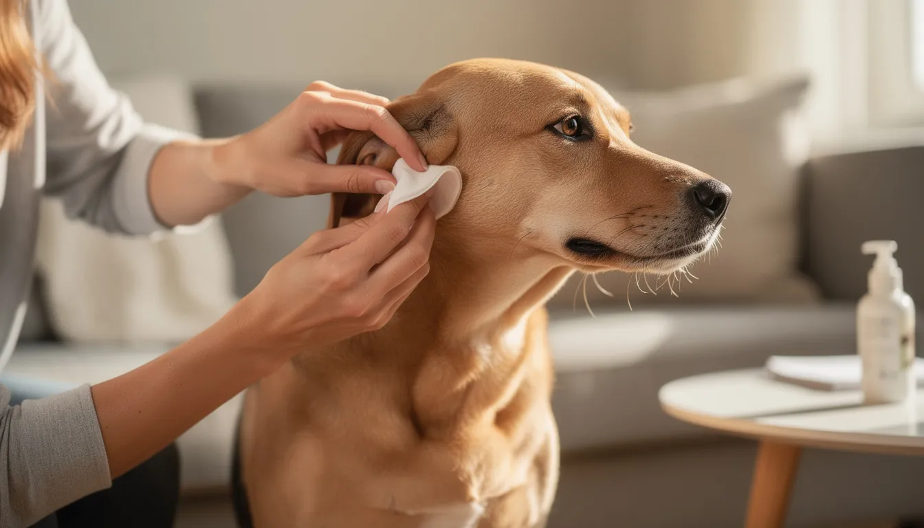 Właściciel delikatnie czyści ucho psa wacikiem, zwracając uwagę na zdrowie swojego pupila. W tle można dostrzec brązową wydzielinę, co może być objawem grzybicy uszu u psa, a także nieprzyjemnego zapachu.