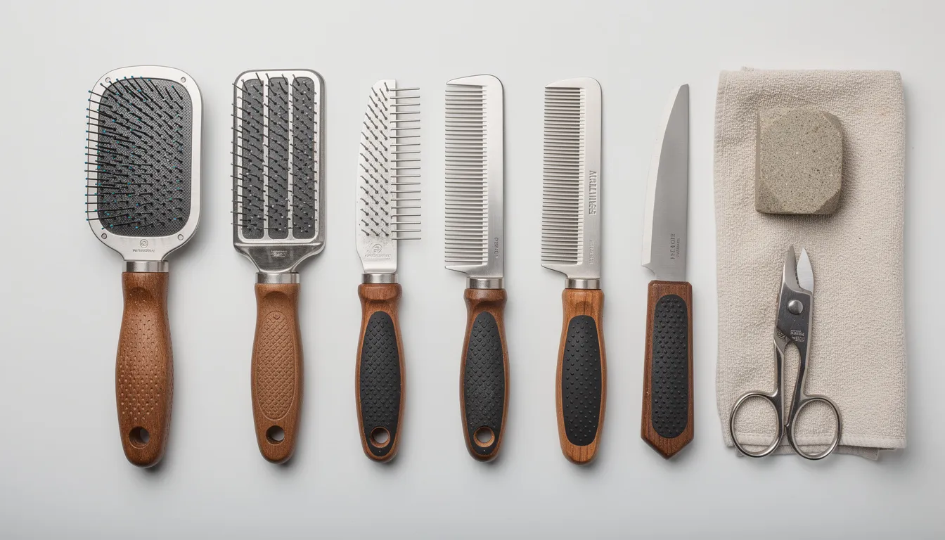 Na zdjęciu znajduje się zestaw narzędzi do pielęgnacji psa szorstkowłosego, w tym różne szczotki, trymery i grzebienie, które są niezbędne do utrzymania zdrowej sierści teriera walijskiego. Pielęgnacja teriera, zwłaszcza regularne szczotkowanie, jest kluczowa dla jego dobrego samopoczucia i zdrowia.
