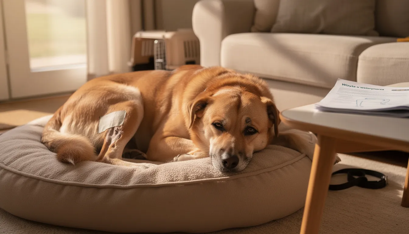 Na obrazku widać psa leżącego spokojnie na podłodze w domu, po powrocie od weterynarza. Zwierzę wydaje się zrelaksowane, co może sugerować, że otrzymało odpowiednie leczenie po wystąpieniu niepokojących objawów, takich jak wymioty.