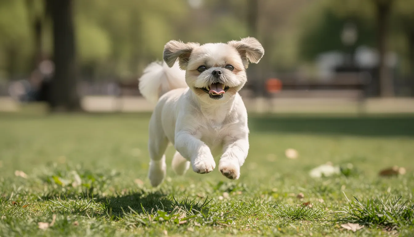 Na zdjęciu widać shih tzu z krótką, równomierną sierścią, który bawi się w parku. Jego charakterystyczny wygląd rasy, z wyraźnym pyskiem i uszami, podkreśla piękny wygląd psa w otoczeniu zieleni.