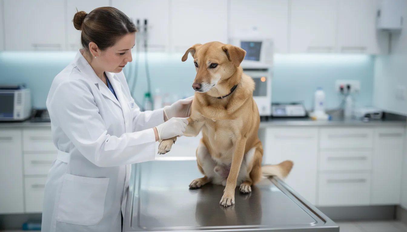 Na stole weterynaryjnym siedzi pies, a weterynarz bada jego łapę, zwracając uwagę na ewentualne podrażnienia skóry. Pies może intensywnie lizać łapy, co może być oznaką niepokojących objawów, takich jak alergie lub infekcje skórne.
