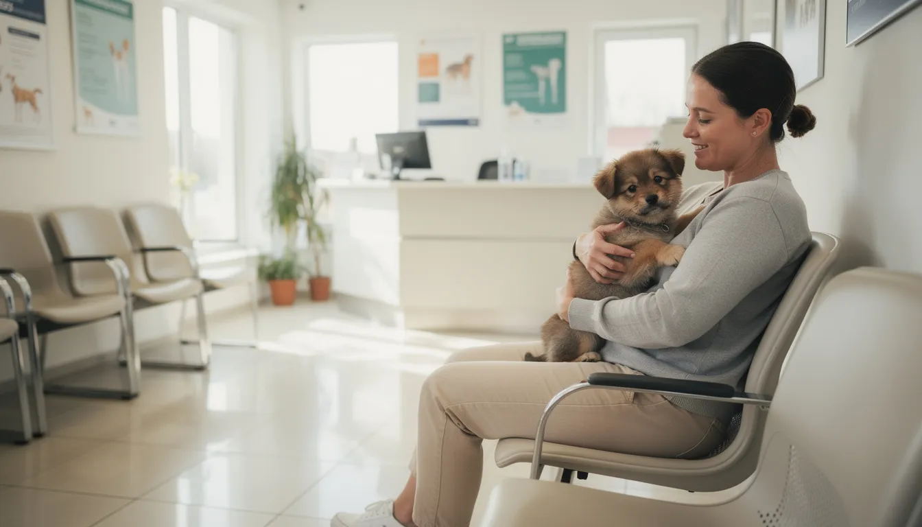W poczekalni weterynaryjnej właściciel trzyma szczeniaka na rękach, wyglądając na zaniepokojonego przed planowanym pierwszym szczepieniem psa. W tle widać plakaty informacyjne dotyczące szczepień przeciwko groźnym chorobom, takim jak wścieklizna czy nosówka.