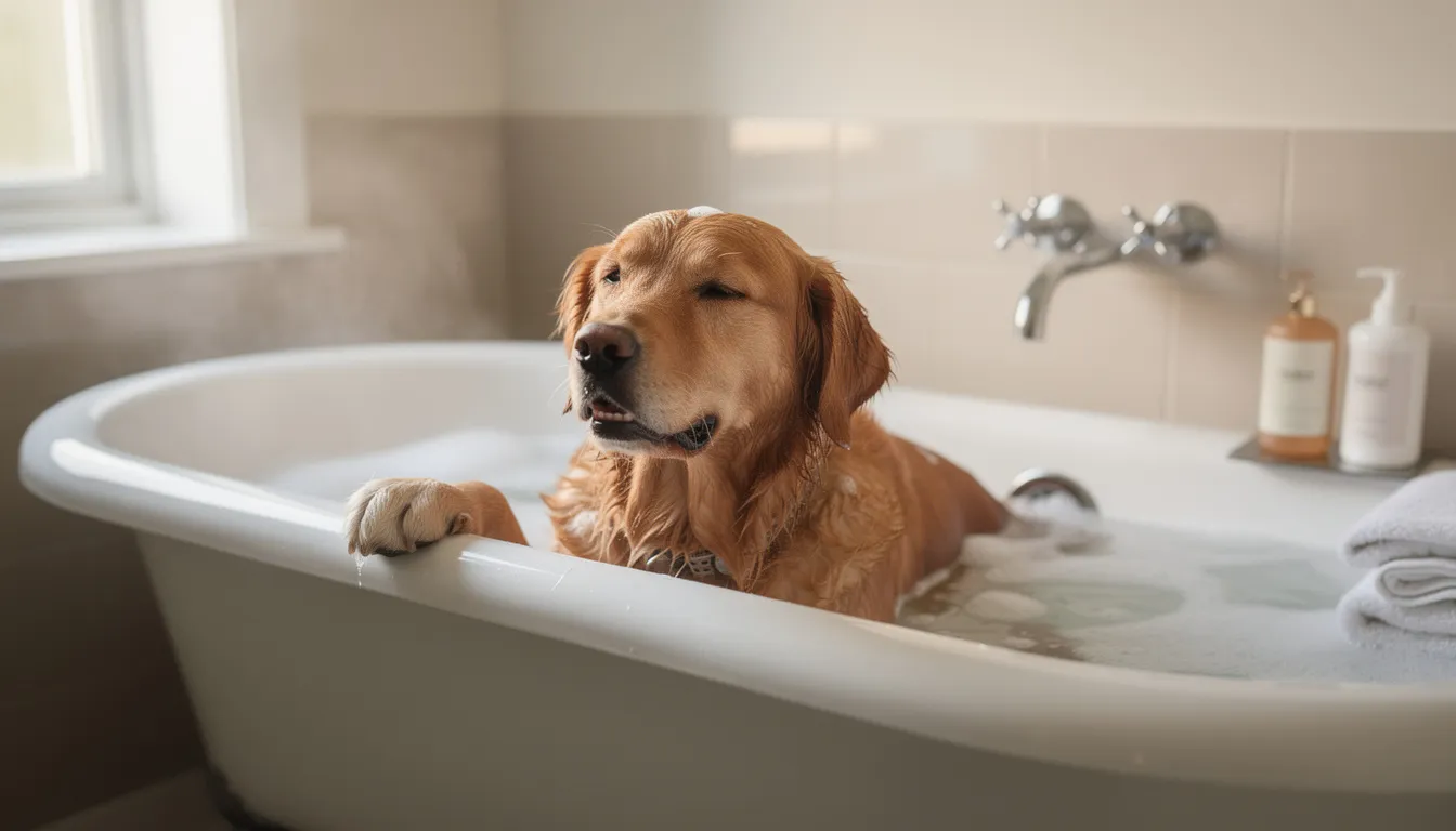 Na zdjęciu widoczny jest pies rasy golden retriever, który relaksuje się w wannie podczas kąpieli. Woda spływa po jego sierści, co może pomóc w pielęgnacji skóry psa i złagodzeniu swędzenia skóry spowodowanego atopowym zapaleniem skóry lub innymi problemami skórnymi.