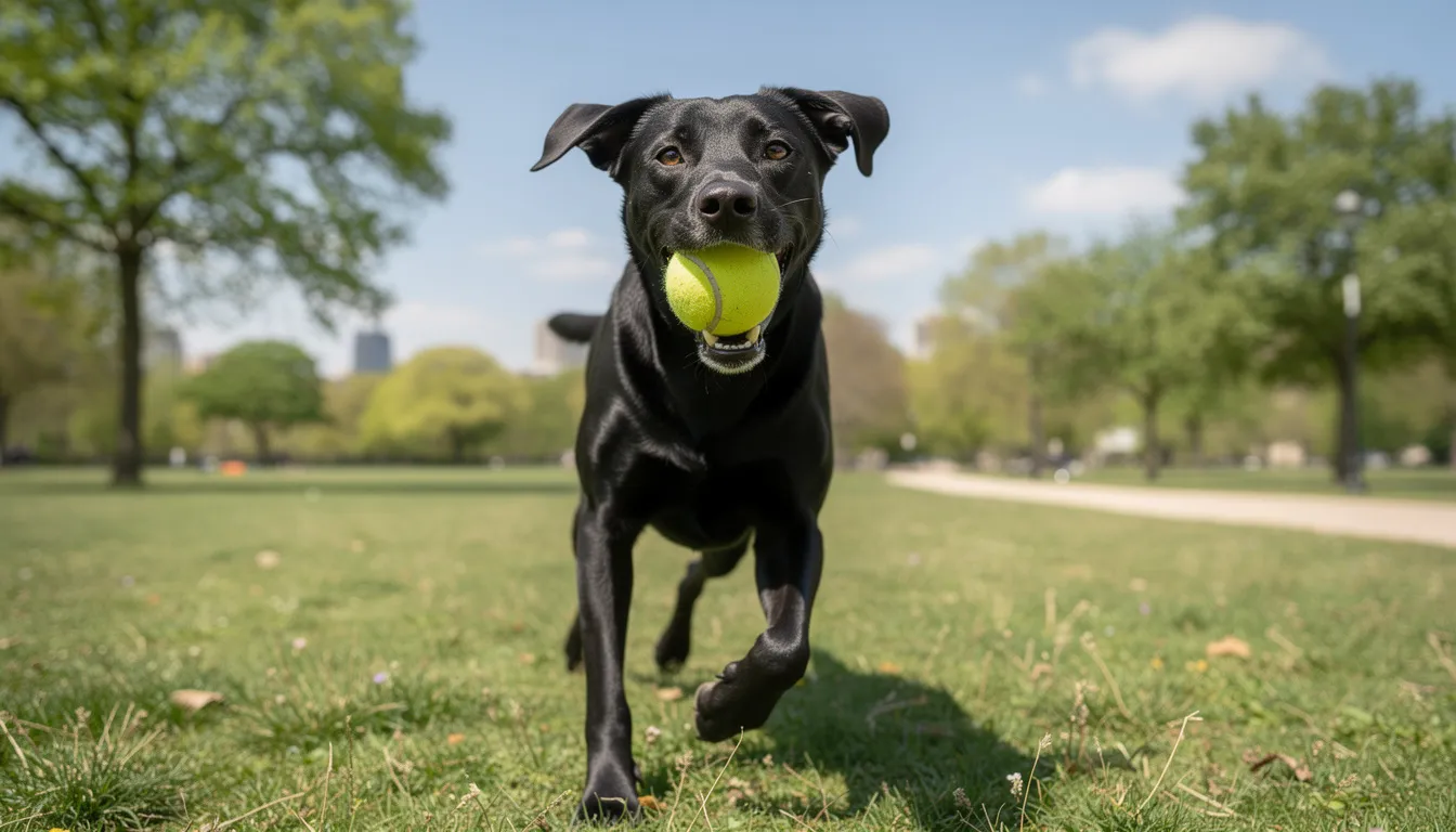 Na zdjęciu widać dużego czarnego labradora retrievera, który radośnie aportuje piłkę podczas zabawy w parku. Jego lśniąca sierść w czarnym umaszczeniu podkreśla aktywność i żywiołowość tego czworonoga, który jest jedną z najpopularniejszych ras psów.