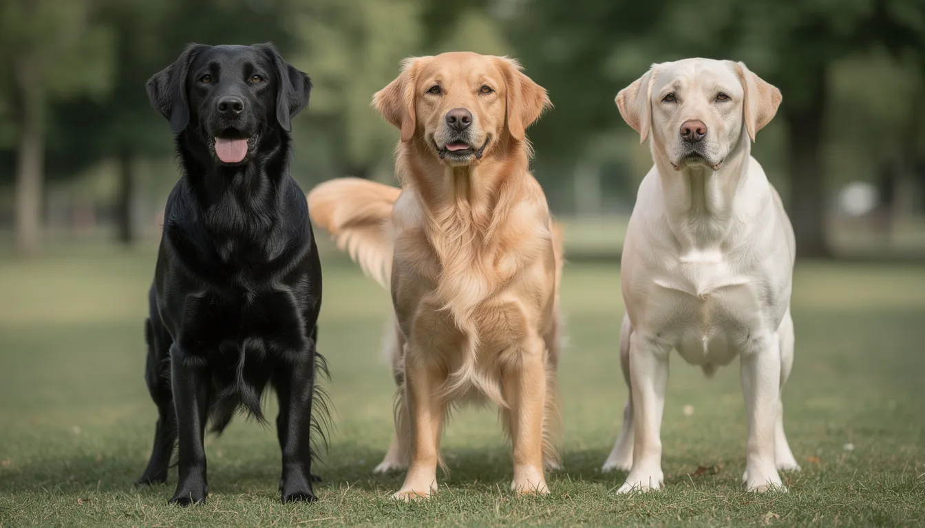 Na zdjęciu znajdują się trzy retrievery stojące obok siebie: czarny flat coated retriever, złoty golden retriever oraz żółty labrador retriever. Psy mają gładką sierść i przyjazne wyrazy twarzy, co podkreśla ich charakter jako doskonałych towarzyszy dla rodzin.