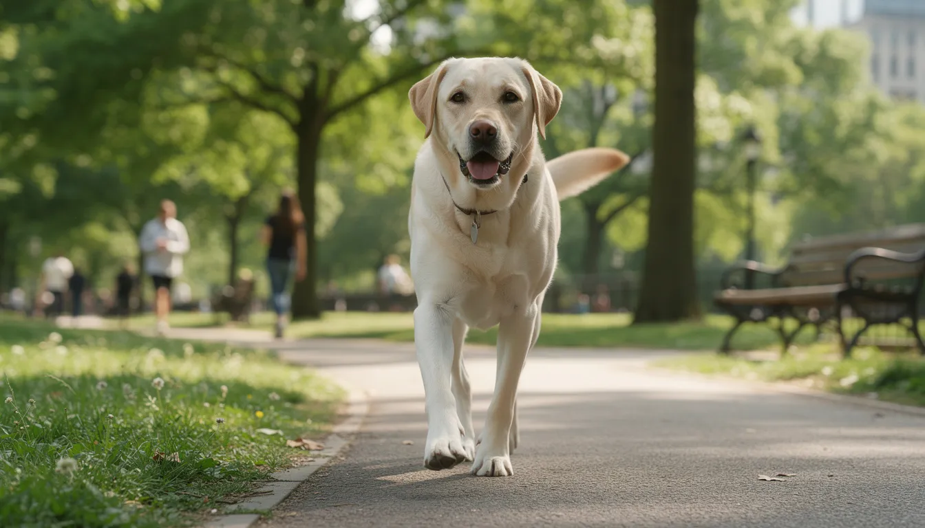 Na zdjęciu widać psa rasy labrador spacerującego w parku, otoczonego zielenią i drzewami. Pies cieszy się chwilą na świeżym powietrzu, co jest ważne dla jego zdrowia, w tym zdrowia gruczołów okołoodbytowych.