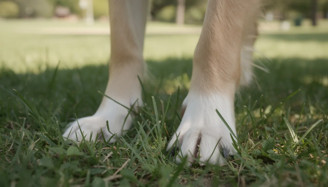 Zbliżenie na łapy psa spacerującego po trawie, ukazujące opuszki palcowe i przestrzenie międzypalcowe. Warto zwrócić uwagę na ewentualne zmiany skórne, które mogą być objawem chorób, takich jak atopowe zapalenie skóry lub zapalenie skóry podeszwy.