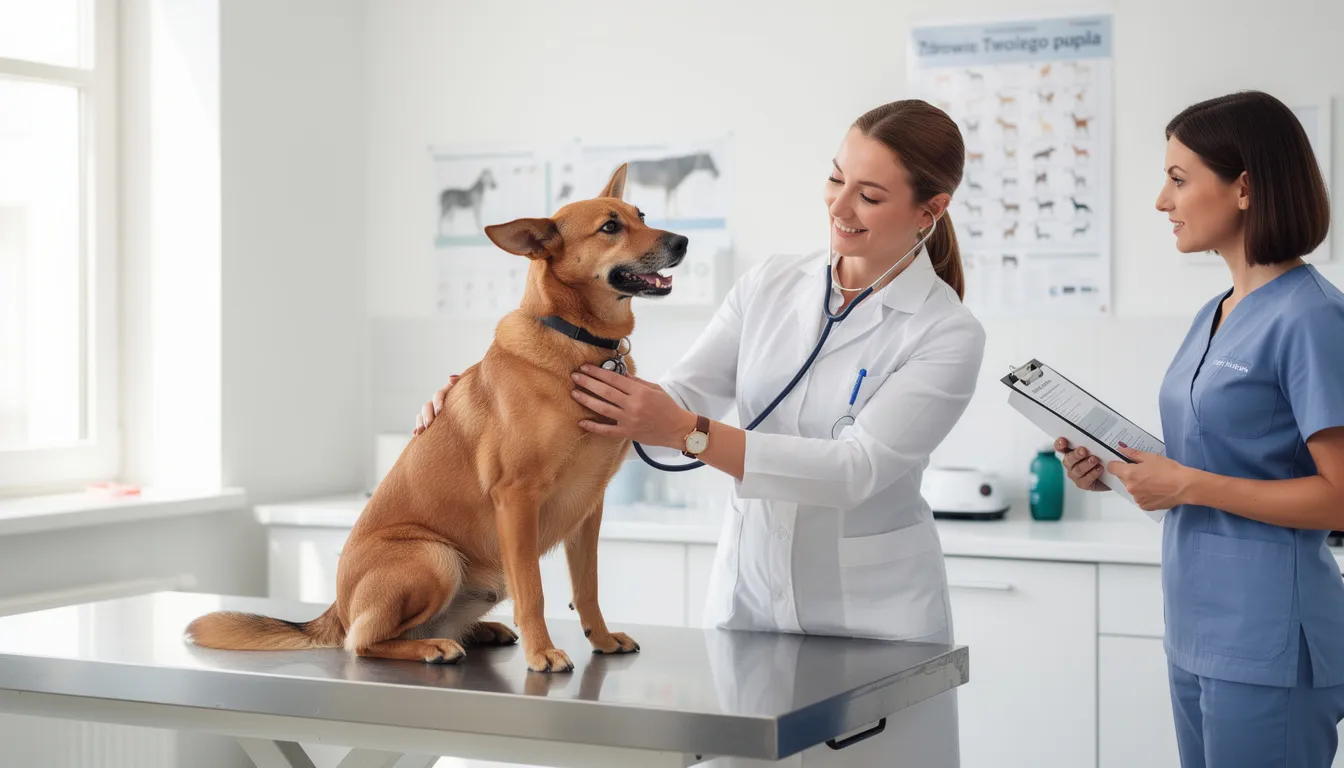 Na obrazku widać psa podczas wizyty kontrolnej u lekarza weterynarii, który sprawdza stan zdrowia gruczołów okołoodbytowych. Pies wydaje się nieco zaniepokojony, a weterynarz zwraca uwagę na okolicę odbytu, co może sugerować problemy z zatkanymi gruczołami okołoodbytowymi.