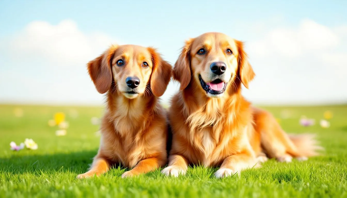 Na trawie siedzą obok siebie dwa psy różnej wielkości, które wyglądają na spokojne i zrelaksowane. Ich zachowanie sugeruje, że czują się komfortowo w swoim towarzystwie, co może być wynikiem kastracji psa, która często wpływa na zmniejszenie agresji i niepożądanych zachowań.
