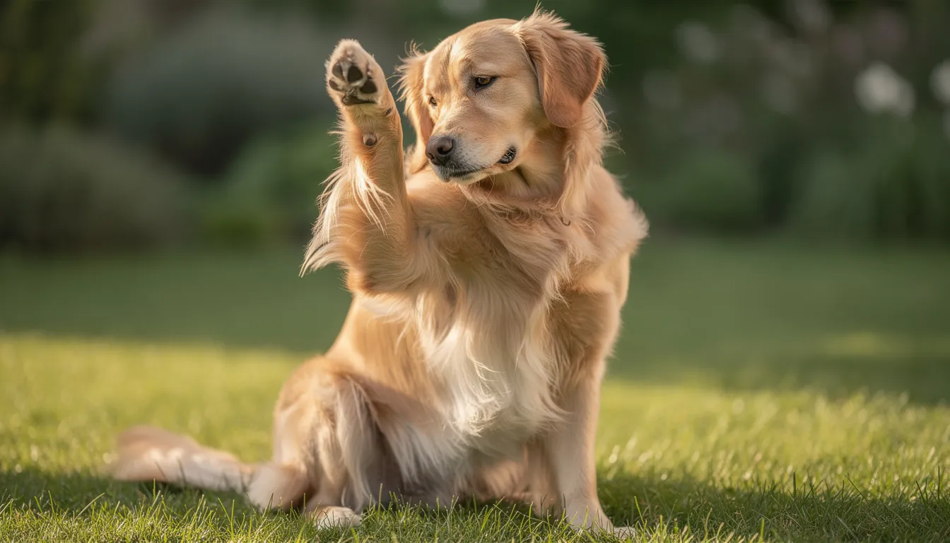 Na zielonej trawie widać psa rasy golden retriever, który drapie się za uchem, co może sugerować obecność pcheł w jego sierści. Częste drapanie może być objawem infestacji pcheł, co wymaga uwagi właścicieli psów w celu skutecznego pozbycia się pasożytów.