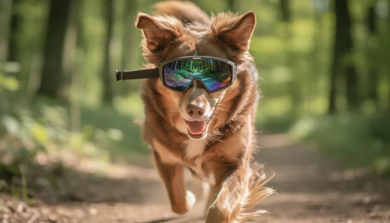 Na zdjęciu widać psa noszącego ochronne gogle podczas aktywności na świeżym powietrzu, co może pomóc w ochronie jego oczu przed podrażnieniem i zanieczyszczeniami. Regularne kontrole u lekarza weterynarii są istotne dla zdrowia oczu psa, aby zapobiegać schorzeniom takim jak grudkowe zapalenie trzeciej powieki.