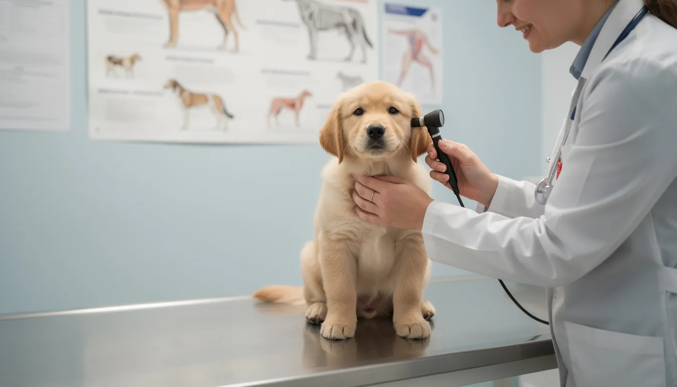Na obrazku widzimy małego szczeniaka, który jest badany przez weterynarza. Szczeniak wygląda na ciekawskiego i nieco zaniepokojonego, a weterynarz delikatnie sprawdza jego zdrowie, co jest istotnym krokiem w prawidłowym rozwoju psa.