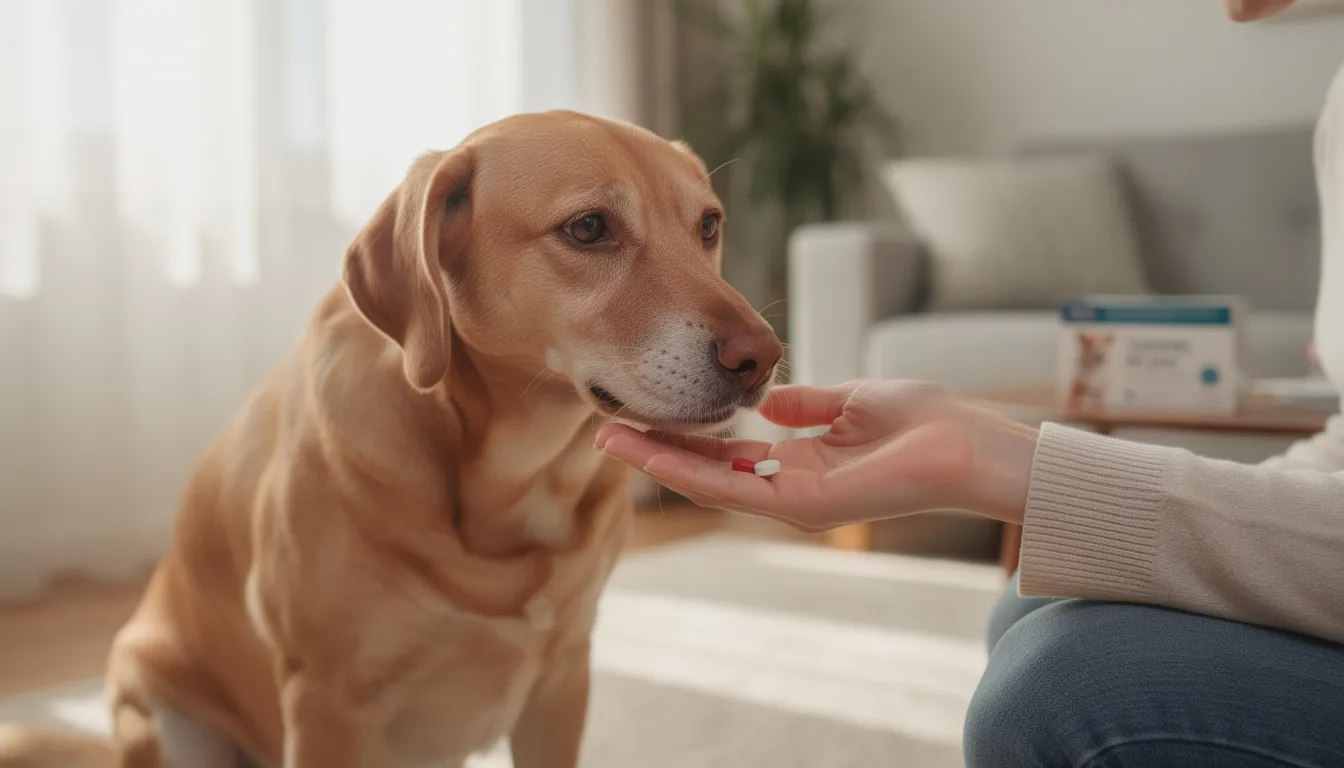 Właściciel podaje psu tabletki z ręki, co może być częścią leczenia chorób autoimmunologicznych, takich jak toczeń rumieniowaty. Pies wygląda na spokojnego, a właściciel stara się pomóc mu w długotrwałym procesie zdrowienia.