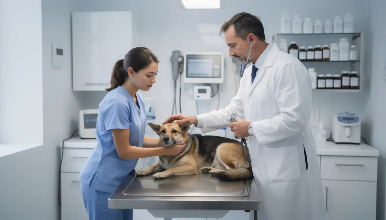 Na stole weterynaryjnym leży pies podczas badania, w którym lekarz weterynarii ocenia stan jego zębów oraz higienę jamy ustnej. W tle widać narzędzia do usuwania kamienia nazębnego, co sugeruje, że pies może wymagać sanacji jamy ustnej z powodu nagromadzenia płytki nazębnej i kamienia nazębnego.