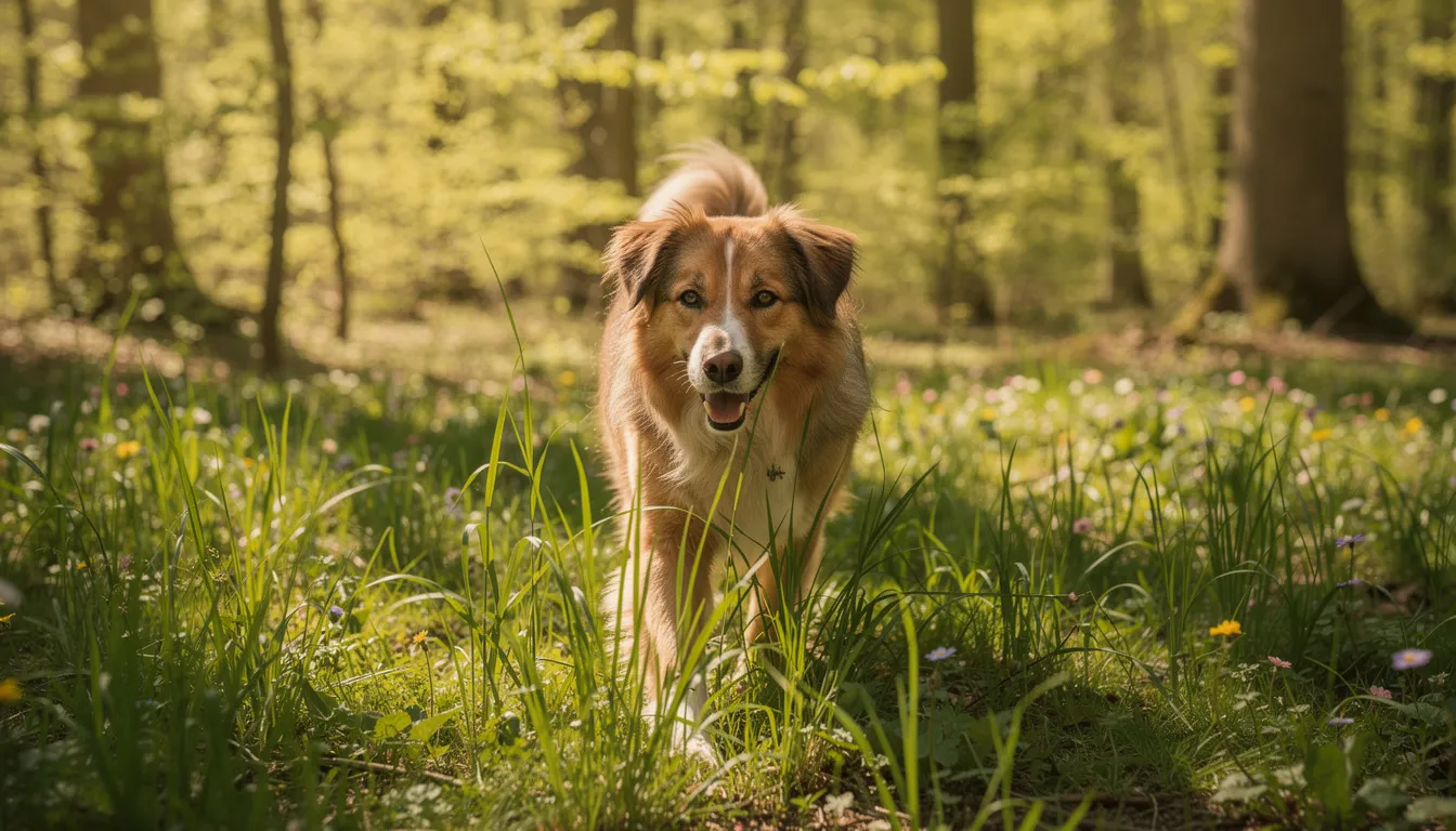 Na zdjęciu widoczny jest pies spacerujący po wysokiej trawie w lesie wiosną. W tle widać soczystą zieleń drzew, co podkreśla radosny nastrój wiosennego dnia, a pies cieszy się swobodą i przyrodą, co jest ważne dla jego zdrowia i samopoczucia, szczególnie w kontekście profilaktyki boreliozy.