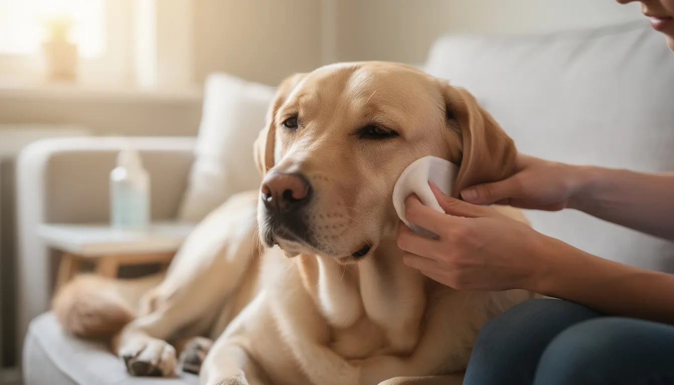 Na zdjęciu widoczny jest pies rasy labrador, którego właściciel delikatnie pielęgnuje uszy, stosując preparat do czyszczenia uszu psa. Właściciel używa wacika, aby dokładnie oczyścić zewnętrzny przewód słuchowy, dbając o zdrowie pupila i zapobiegając chorobom uszu.