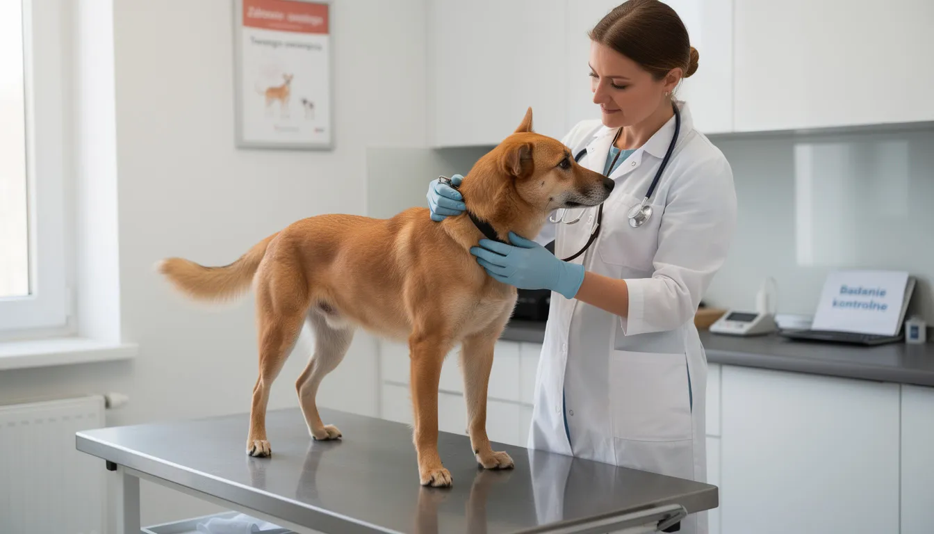 Na zdjęciu widoczny jest pies podczas badania u weterynarza, gdzie lekarz delikatnie ogląda skórę zwierzęcia, co może być istotne w diagnostyce problemów skórnych, takich jak grzybica u psa czy inne schorzenia dermatologiczne. Badanie ma na celu zidentyfikowanie objawów grzybicy, które mogą obejmować zmiany skórne i silny świąd.