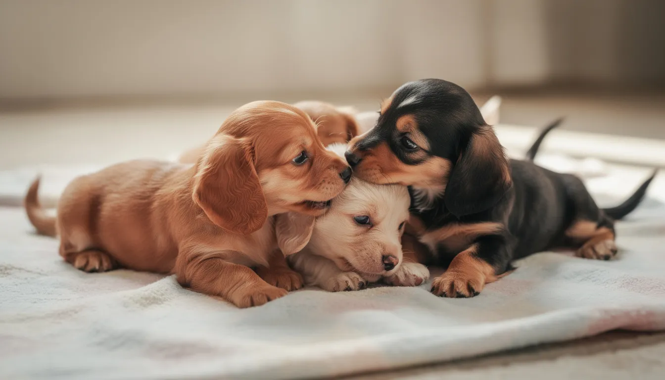 Na kocu bawią się razem szczenięta jamnika króliczego długowłosego, charakteryzujące się długą, miękką sierścią i niewielkimi rozmiarami. Ich radosne zabawy i interakcje tworzą uroczy widok, który ukazuje ich inteligencję i żywotność.