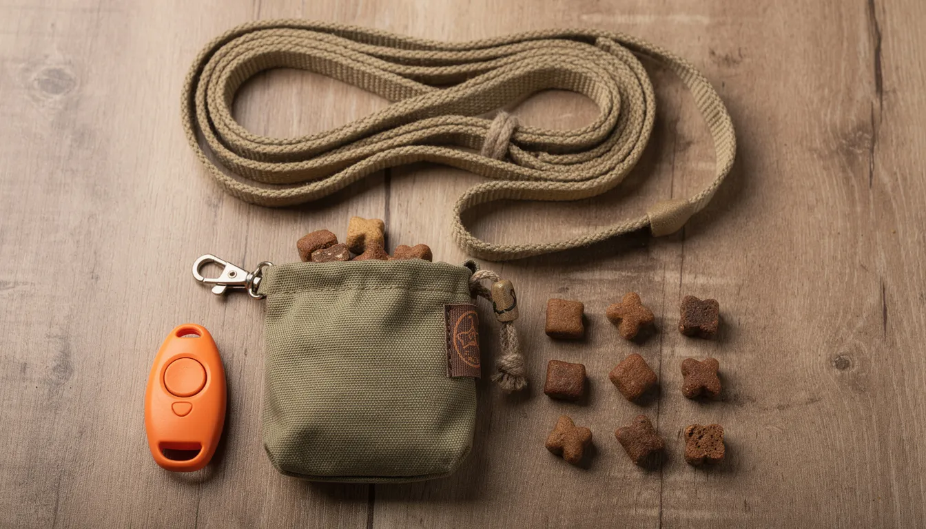 Na stole rozłożone są akcesoria treningowe dla psa, w tym kliker, saszetka z smakołykami oraz linka, które mogą być niezwykle przydatne w nauce podstawowych komend, takich jak "siad" czy "zostań". Te przedmioty wspierają pozytywne wzmocnienie i pomagają w skutecznym treningu psa w codziennych sytuacjach.