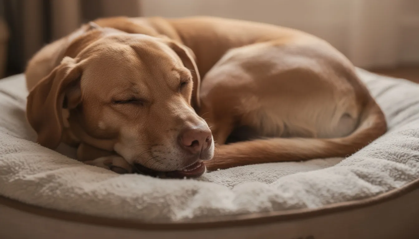 Na zdjęciu widać śpiącego psa z lekko otwartym pyskiem, który spokojnie odpoczywa na swoim posłaniu. Jego zachowanie jest normalne, ale warto obserwować, czy nie występują inne niepokojące objawy, takie jak nadmierne mlaskanie czy dyskomfort.