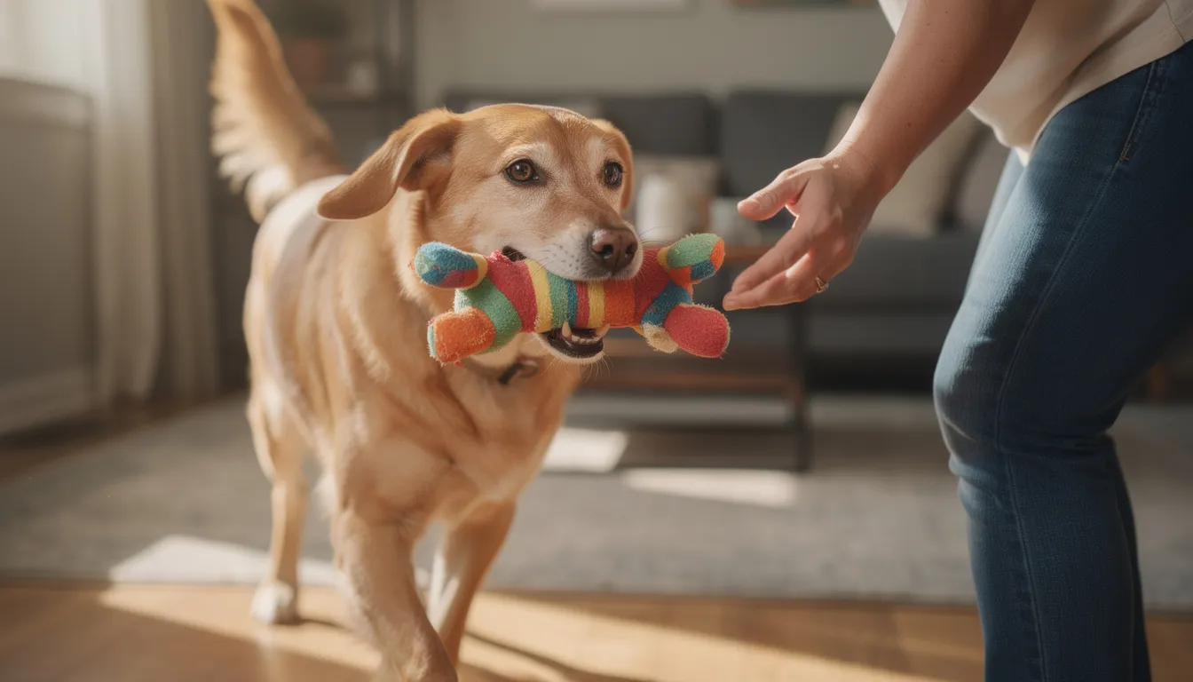 Na obrazku widoczny jest szczęśliwy pies, który trzyma w pysku swoją ulubioną zabawkę i z merdającym ogonem podchodzi do swojego właściciela, okazując mu miłość. Jego radosne zachowanie i kontakt wzrokowy pokazują silną więź między psem a opiekunem.