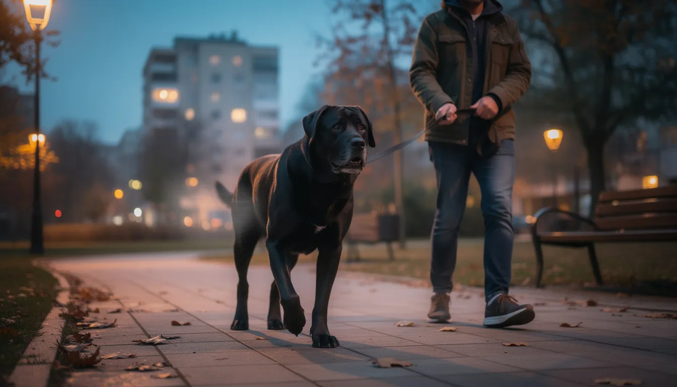 Duży czarny pies, prawdopodobnie labrador retriever, spaceruje ze swoim właścicielem po miejskim parku wieczorem. W tle widać zieleń drzew oraz ławki, a pies z radością podąża za swoim czterołapnym przyjacielem, ciesząc się wspólnym czasem na świeżym powietrzu.