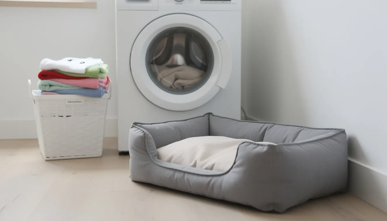 Na zdjęciu znajduje się czyste legowisko dla psa umieszczone obok pralki, na którym leżą tekstylia. W tle można dostrzec elementy związane z pielęgnacją skóry psa, co może sugerować dbałość o jego zdrowie, w tym zapobieganie grzybicy u psa oraz innym schorzeniom dermatologicznym.