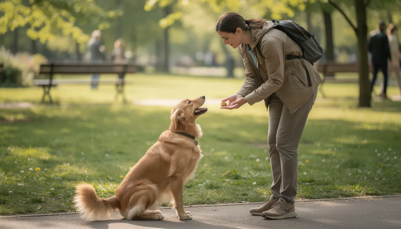 Opiekun wręcza psu smakołyk podczas spaceru w parku, co sprzyja pozytywnym skojarzeniom i właściwemu zachowaniu czworonoga. W tej sytuacji pies, zachowując spokój, może uczyć się ignorować inne psy i zwierzęta w otoczeniu.