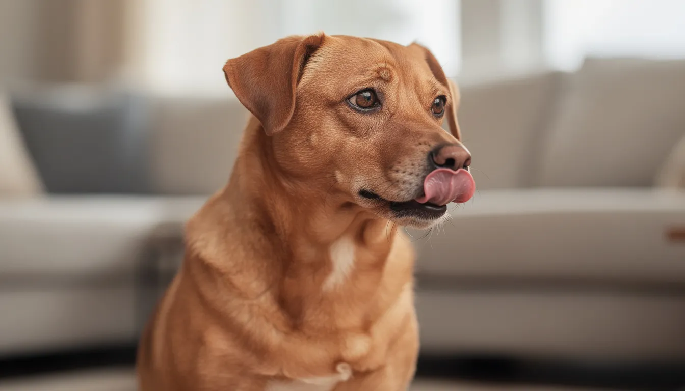 Na obrazku widać dorosłego psa, który pokazuje sygnały stresu, oblizując wargi i odwracając głowę. Takie zachowanie może być oznaką lęku lub dyskomfortu, co warto zauważyć, aby uniknąć problemów behawioralnych, takich jak gryzienie właściciela.