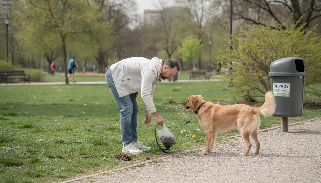Właściciel sprząta po swoim psie w parku, dbając o czystość i zdrowie środowiska zewnętrznego. Warto pamiętać, że odchody psów mogą zawierać jaja pasożytów, które zarażają młode zwierzęta, dlatego sprzątanie jest kluczowe.