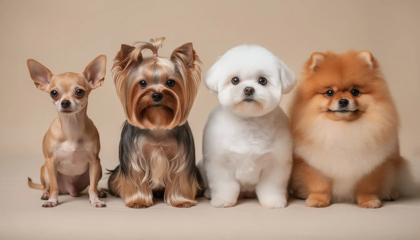 Na obrazie widoczne są różne małe rasy psów, w tym chihuahua, yorkshire terrier, maltańczyk oraz szpic miniaturowy, siedzące obok siebie. Te malutkie pieski, znane jako najmniejsze rasy psów na świecie, charakteryzują się wesołym usposobieniem i niewielkimi rozmiarami.