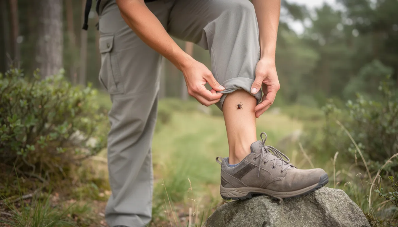 Na zdjęciu widoczna jest osoba w długich spodniach, która dokładnie sprawdza swoją skórę pod kątem kleszczy. Kleszcze mogą przenosić różne choroby odzwierzęce, w tym chorobę kociego pazura, dlatego ważne jest regularne kontrolowanie skóry po kontakcie z trawą lub lasem.