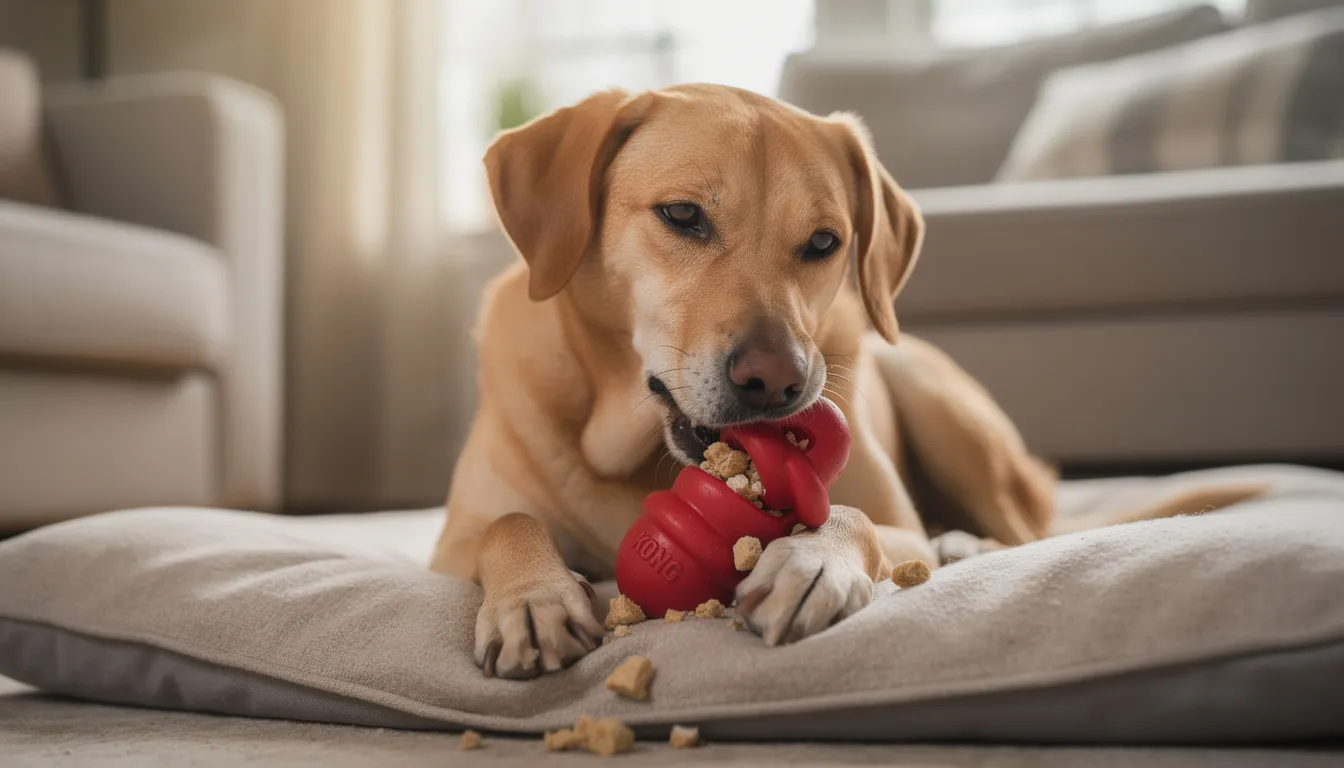 Dorosły pies leży spokojnie, trzymając w pysku kong zabawkę wypełnioną smakołykami, co wskazuje na jego zadowolenie i potrzebę stymulacji umysłowej. To zachowanie psa może pomóc w oduczeniu go gryzienia rzeczy i rąk właściciela, oferując mu odpowiednie zabawki do zabawy.