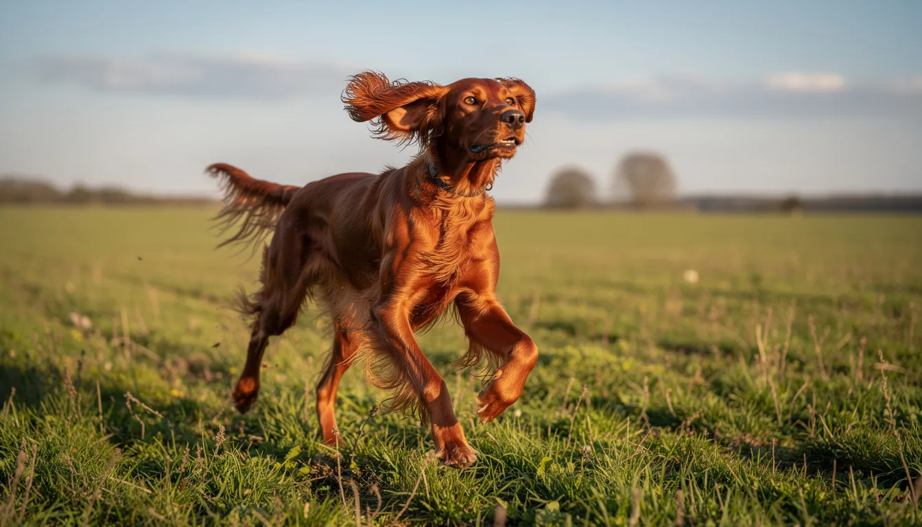 Na zdjęciu widoczny jest seter irlandzki mahoniowy, biegnący swobodnie po otwartym polu z uniesioną głową. Pies o długiej sierści cieszy się świeżym powietrzem, prezentując swoją piękną sylwetkę i wesołe usposobienie.