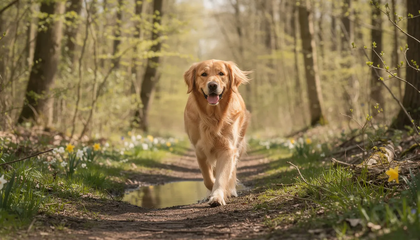 Na leśnej ścieżce spaceruje pies rasy golden retriever, otoczony wiosenną zielenią. Warto pamiętać, że w przypadku kontaktu psa z kleszczami, mogą wystąpić objawy babeszjozy, takie jak osłabienie, brak apetytu czy ciemne zabarwienie moczu.