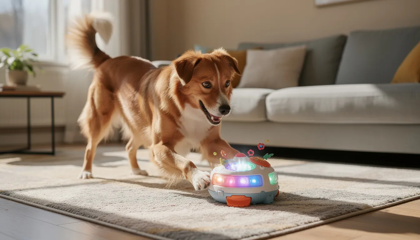 Pies bawi się interaktywną zabawką w salonie, skacząc i szczekając z radości. Jego zachowanie może być oznaką dobrego samopoczucia, ale warto również zwrócić uwagę na ewentualne problemy zdrowotne, takie jak zjadanie ziemi lub nietypowe zachowania.