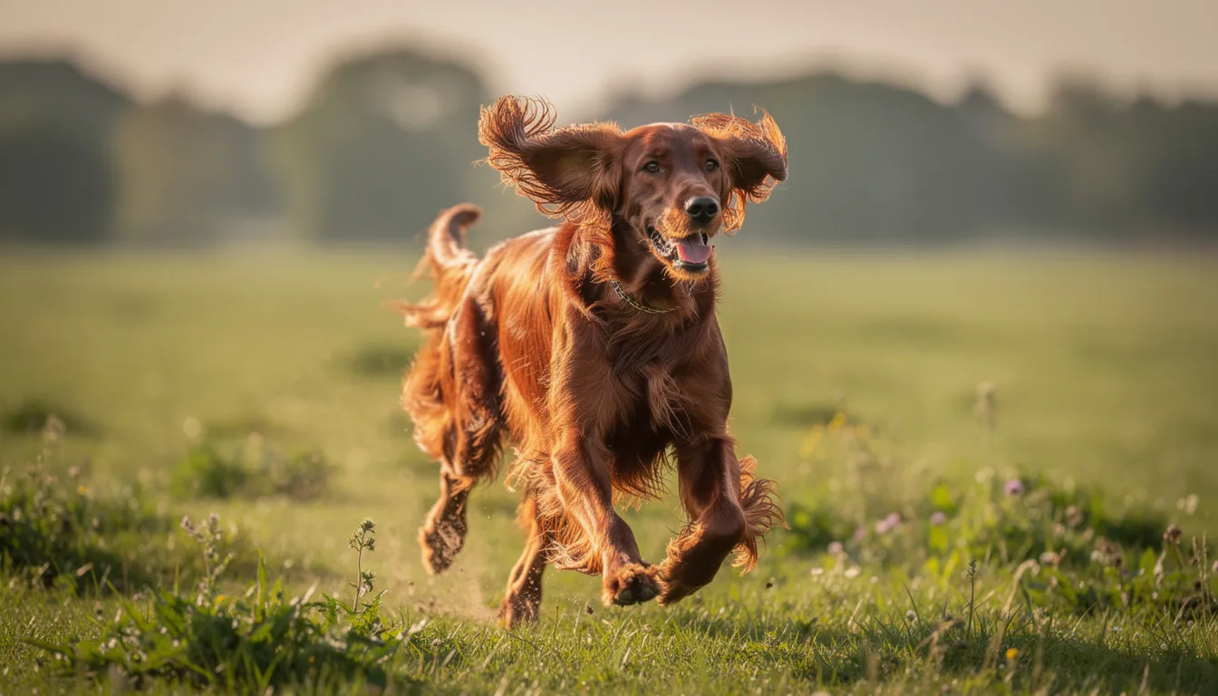 Na zdjęciu widoczny jest seter irlandzki z rozwianą mahoniową sierścią, biegnący radośnie przez zielone pole. Ten dostojny rudy pies, znany z silnego instynktu łowieckiego, emanuje energią i radością, co podkreśla jego przyjazne nastawienie.