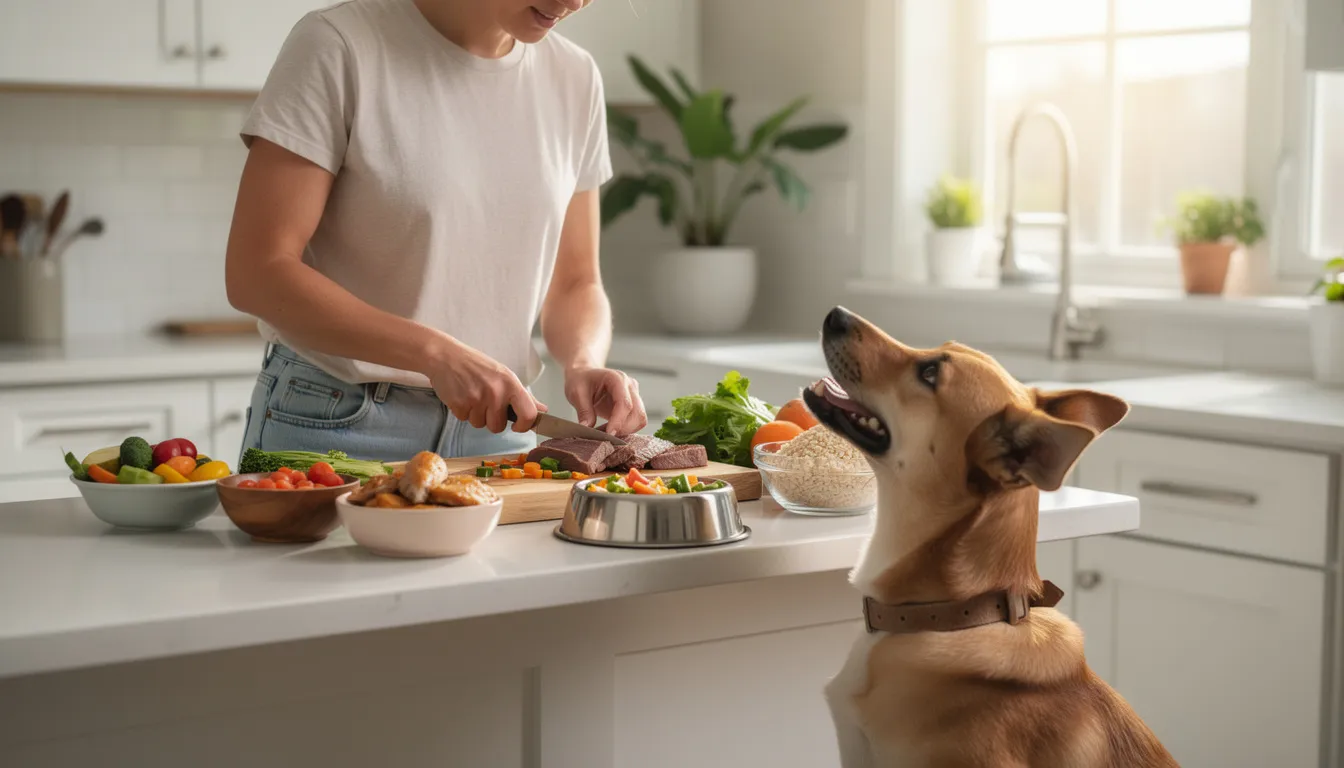 Właściciel w kuchni przygotowuje zdrowy posiłek dla psa, starając się zapewnić swojemu pupilowi niezbędne składniki odżywcze. Na blacie znajdują się świeże warzywa, które pies może jeść, a także potrawy mięsne, które są korzystne dla zdrowia psa.