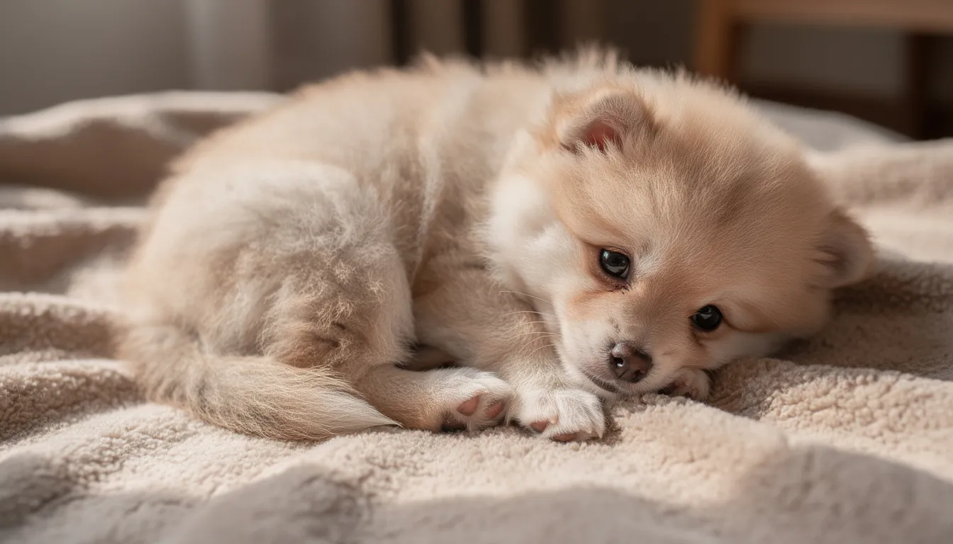 Na zdjęciu widać małego szczeniaka o puszystej sierści, leżącego na miękkim kocu. Jego futro, które może być odzwierciedleniem zdrowia, jest gęste i przyjemne w dotyku, co sprawia, że pies wygląda na zadbanego i szczęśliwego.