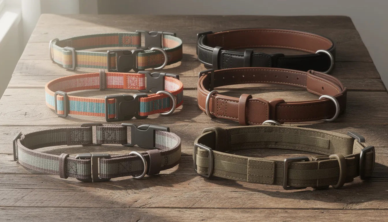 Na drewnianym stole rozłożone są różne typy obroży dla psów, w tym nylonowe, skórzane oraz taktyczne, które mogą służyć zarówno dużym psom, jak i szczeniakom. Obroże te wykonane są z wytrzymałych materiałów, co zapewnia komfort i bezpieczeństwo podczas wspólnych spacerów.